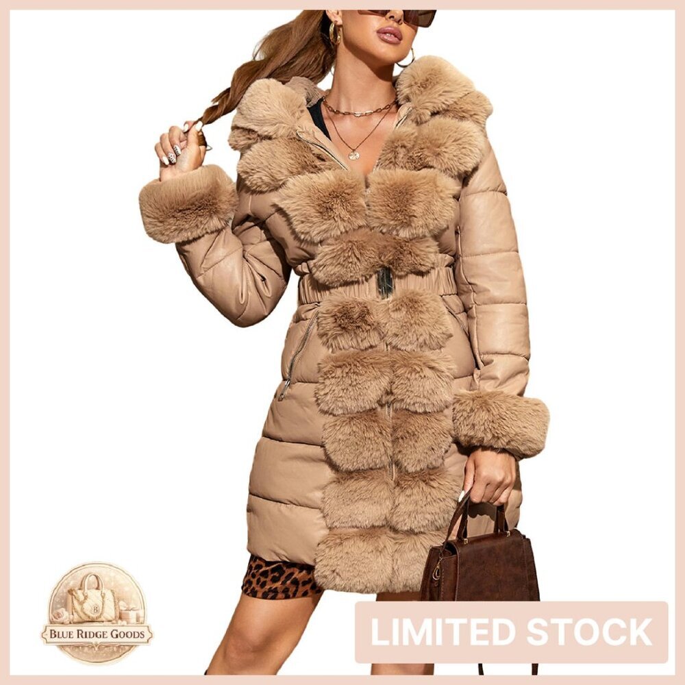 Faux Leather Puffer Jacket Water-Resistant Thick Bubble Coat Fur Hood Belt
